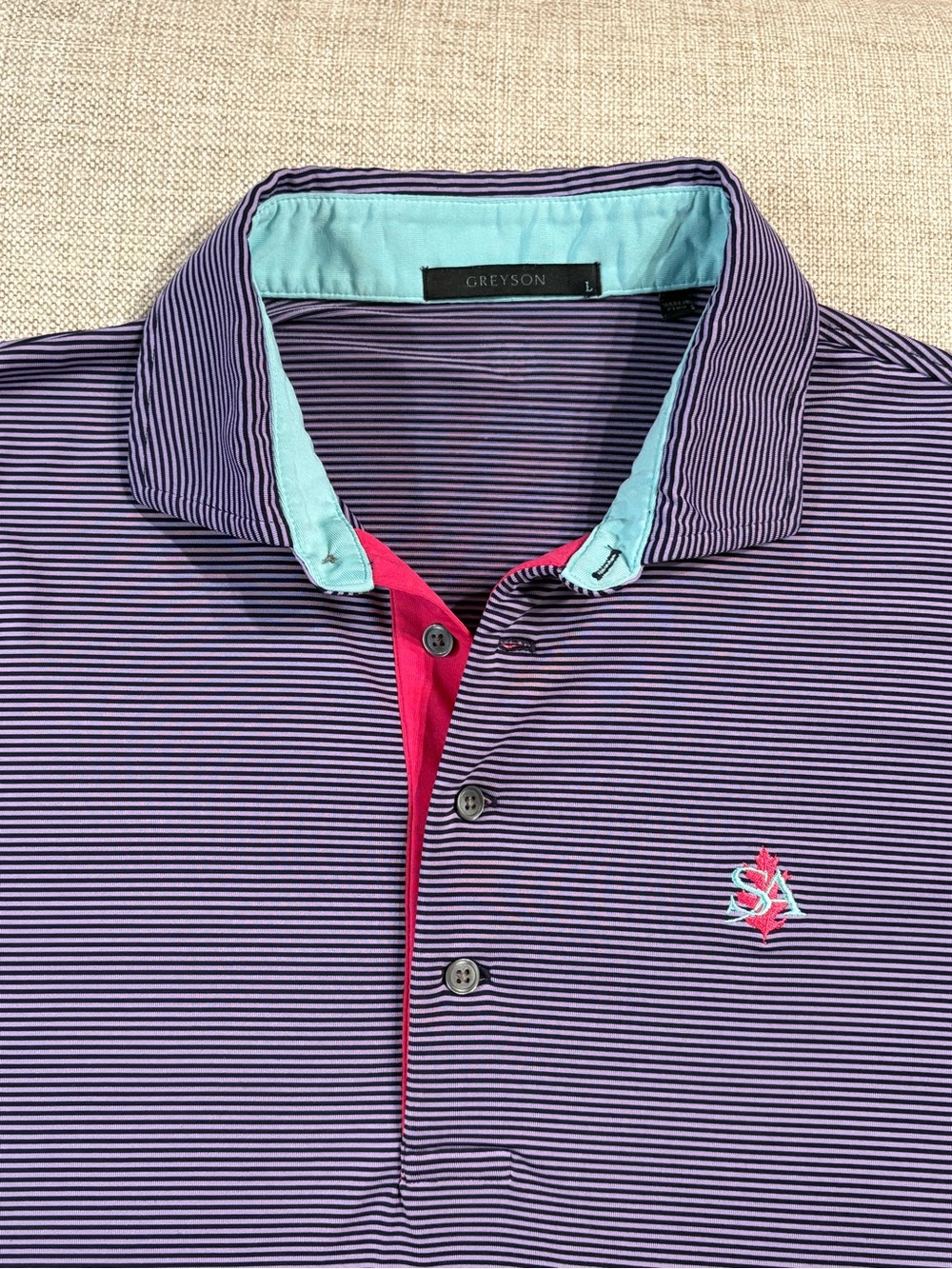 Greyson St Albans Country Club Polo Mens L Purple Stripe Golf Shirt